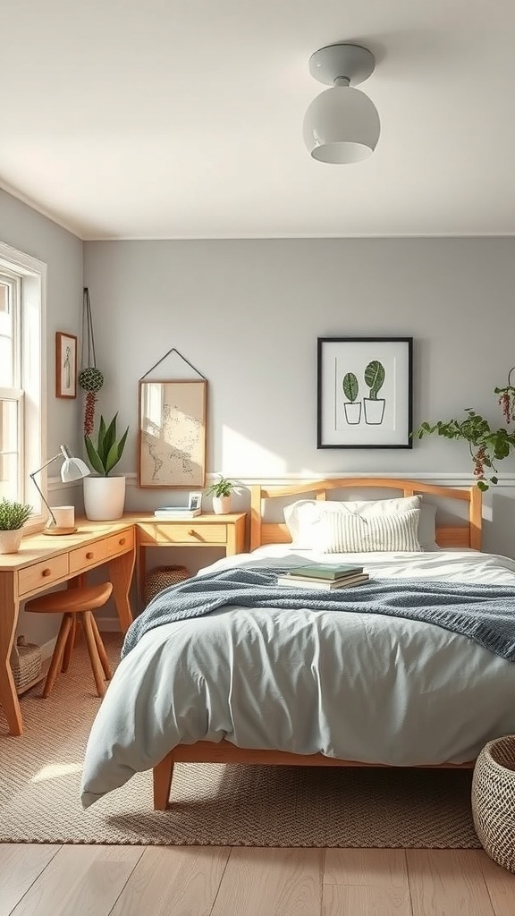 A cozy teen bedroom featuring natural wood furniture, plants, and soft textiles.