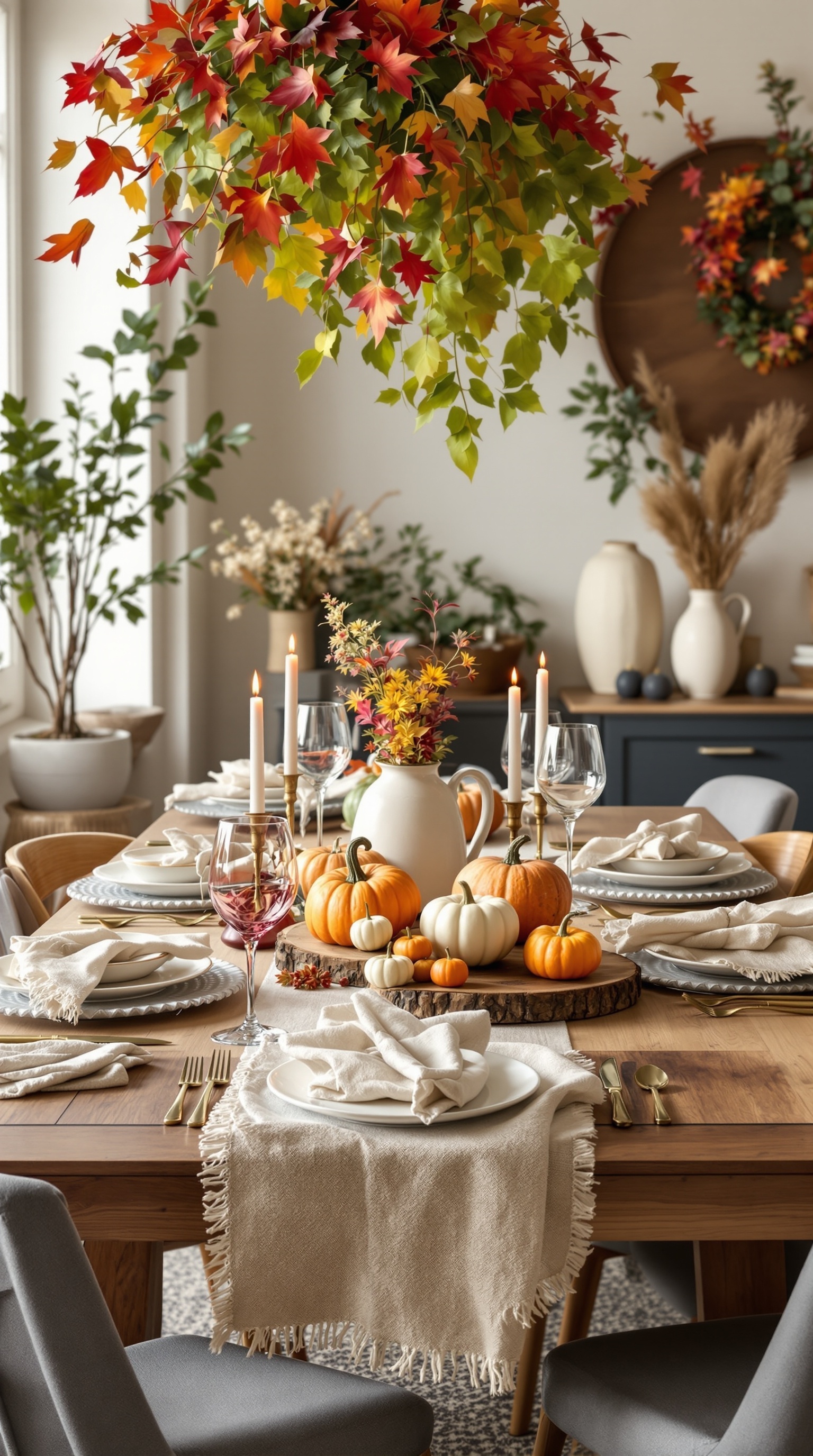 A beautifully arranged Thanksgiving table featuring pumpkins, flowers, candles, and natural elements.