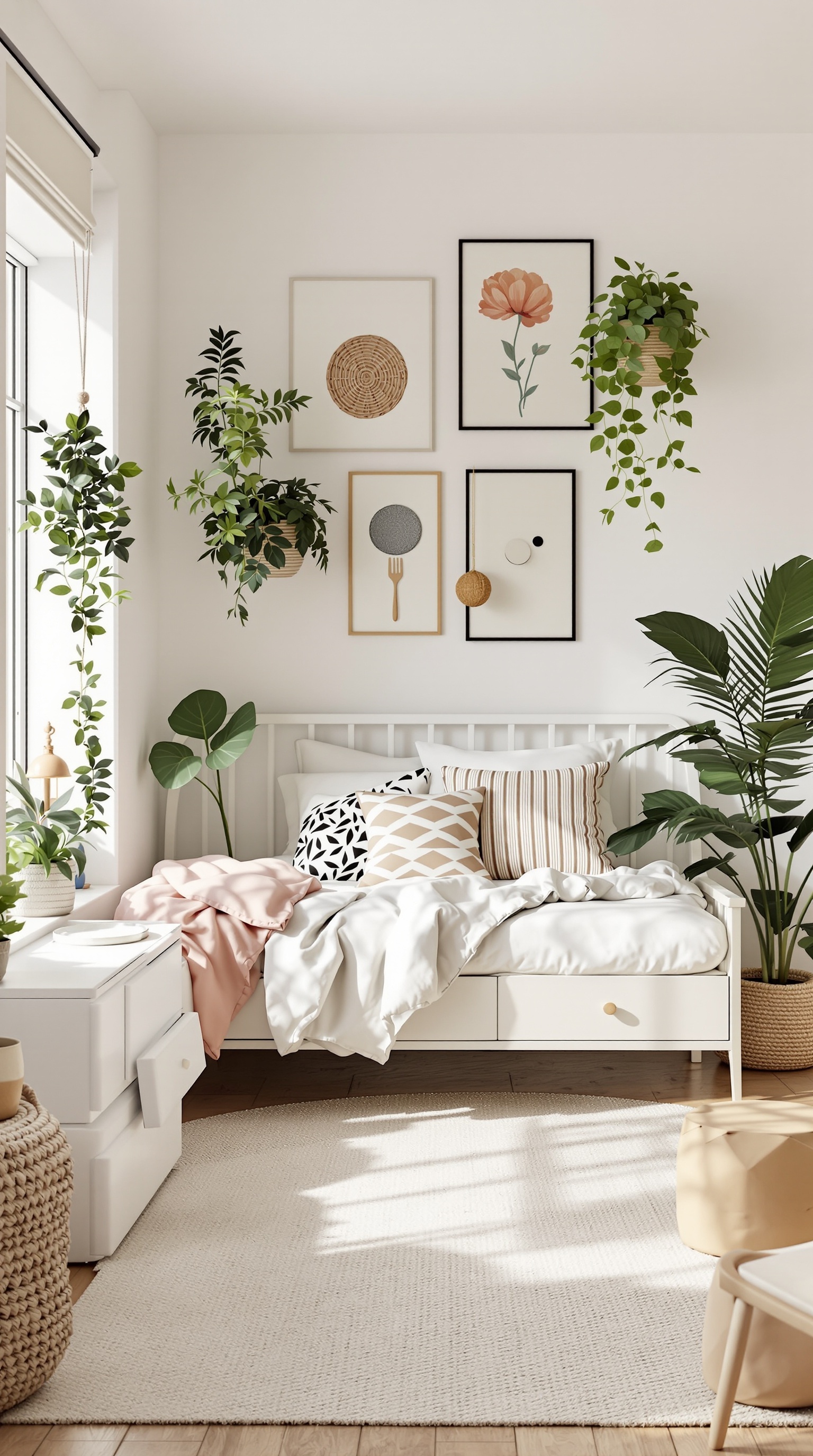 A modern kids bedroom featuring plants, cozy bedding, and stylish decor.