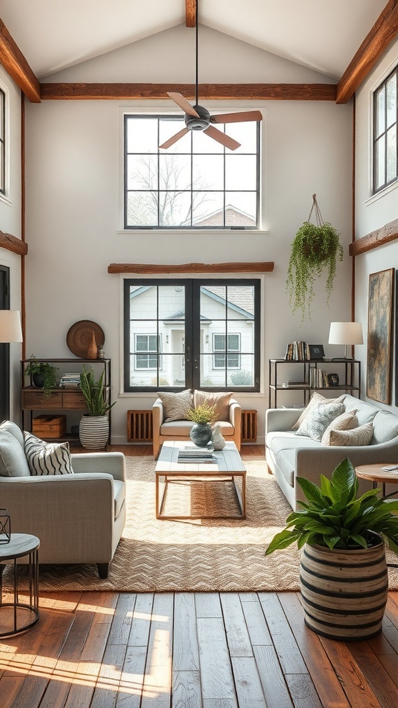 A rustic living room featuring wooden beams, natural light, and plants.