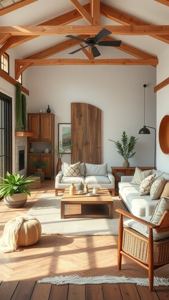 A rustic living room with wooden beams, natural light, and plants.