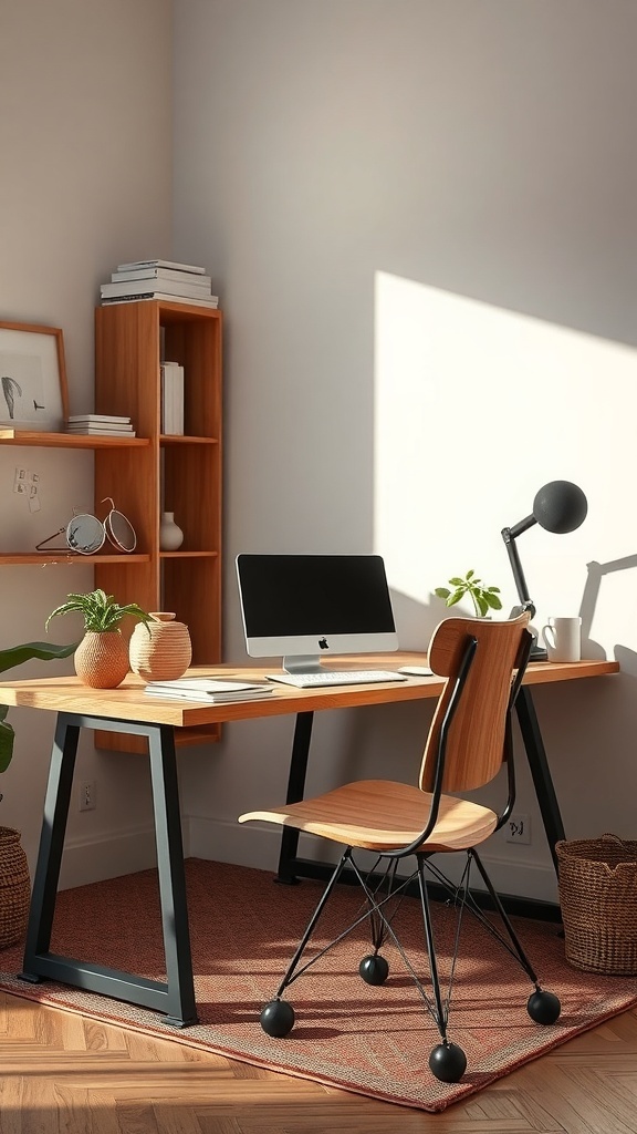 A small, sustainable desk setup featuring a wooden desk, a metal chair, plants, and a lamp in a well-lit room.