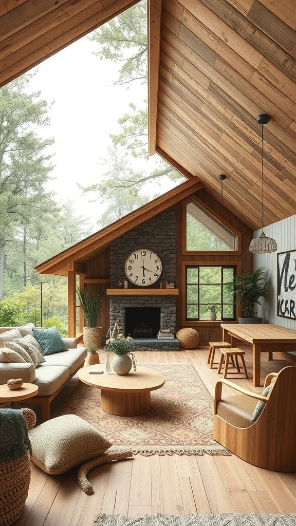 A cozy cabin interior with wooden beams, large windows, and a warm atmosphere.
