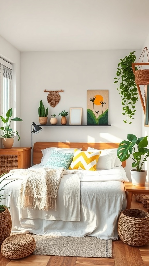 A cozy teen bedroom featuring plants, wooden furniture, and eco-friendly decor.