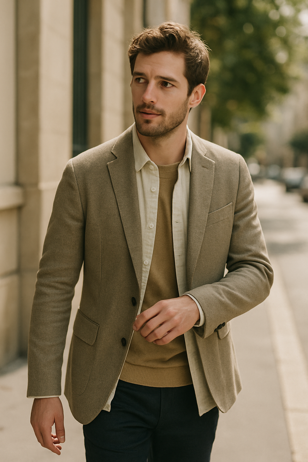 A man dressed in a stylish minimalist outfit walking down a city street.