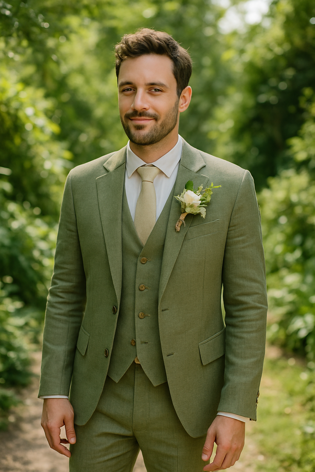 A groom in a stylish green suit with a light tie and a floral boutonniere, standing in a lush green setting.