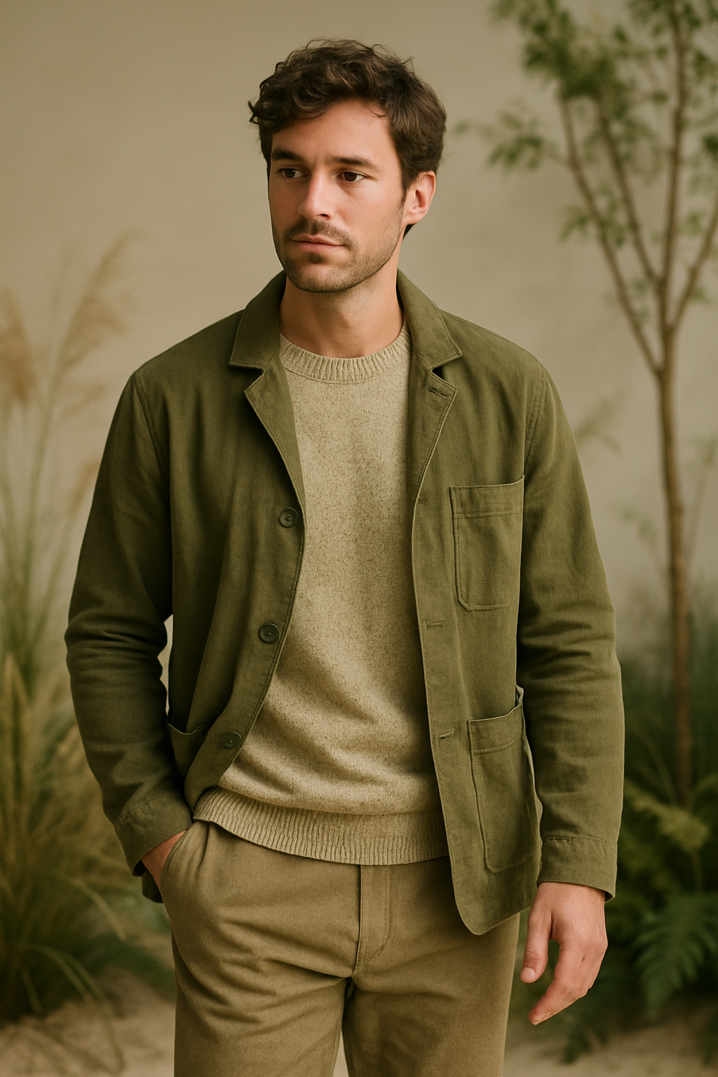 A man in a stylish sustainable outfit, featuring an olive green jacket and a cozy sweater.