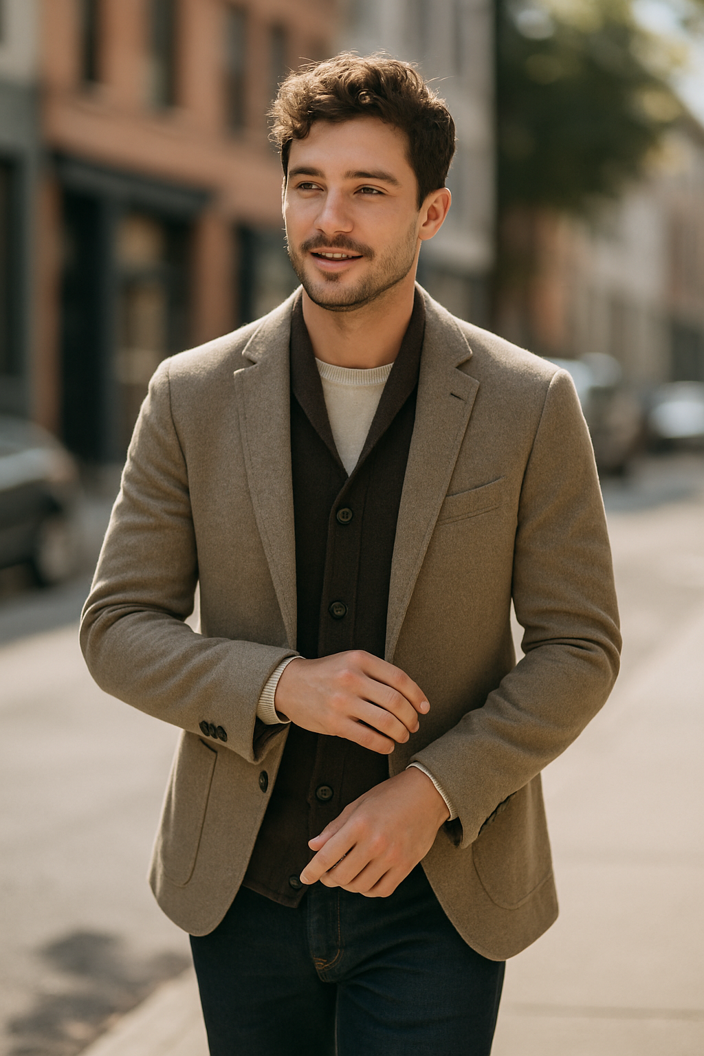 A man in a light brown blazer walking confidently on the street.