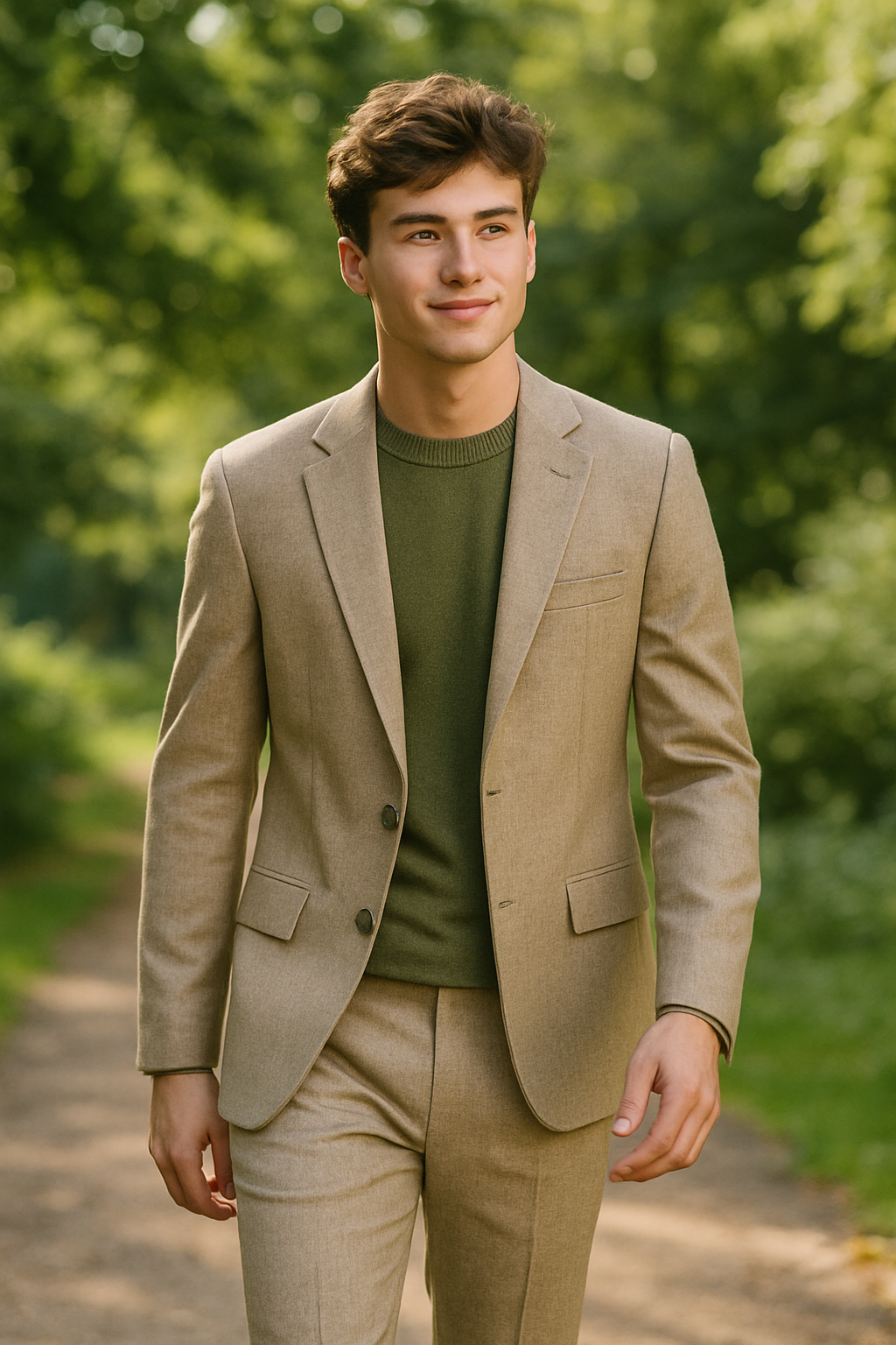 A young man wearing a light brown suit and green sweater, walking in a green outdoor setting.