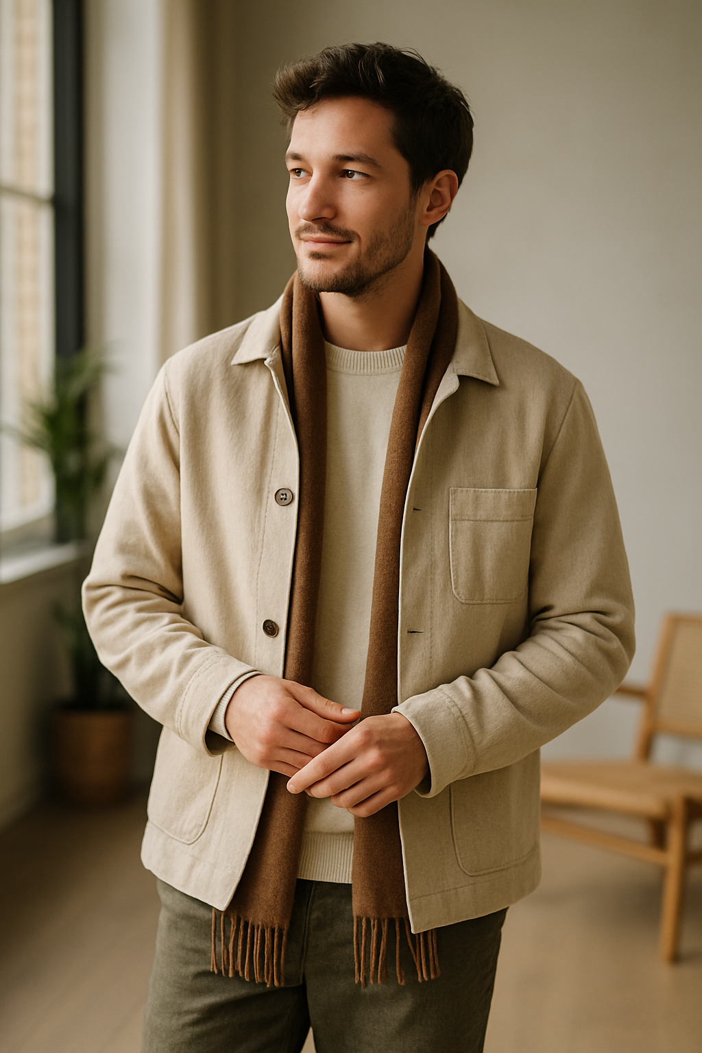 A man in a beige jacket and brown scarf, embodying minimalist sustainable fashion.