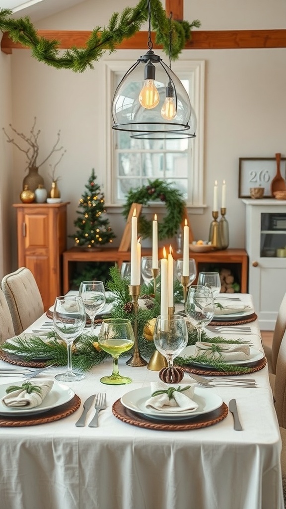 A beautifully arranged winter tablescape featuring greenery, candles, and elegant tableware.