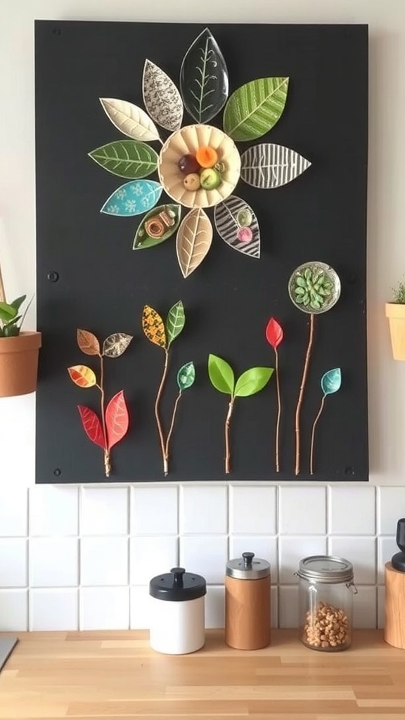 A cozy kitchen with sustainable wall art featuring natural elements and plants.