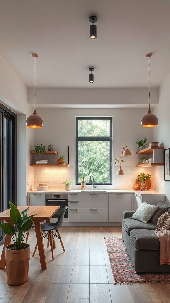 A modern organic kitchen featuring sustainable lighting solutions with pendant and recessed lights.