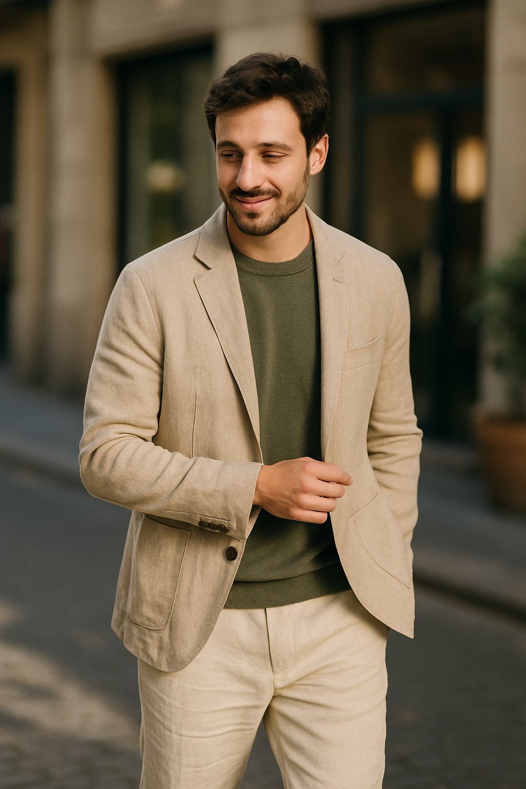 A man wearing a light linen blazer and a sweater, smiling while walking on a city street.