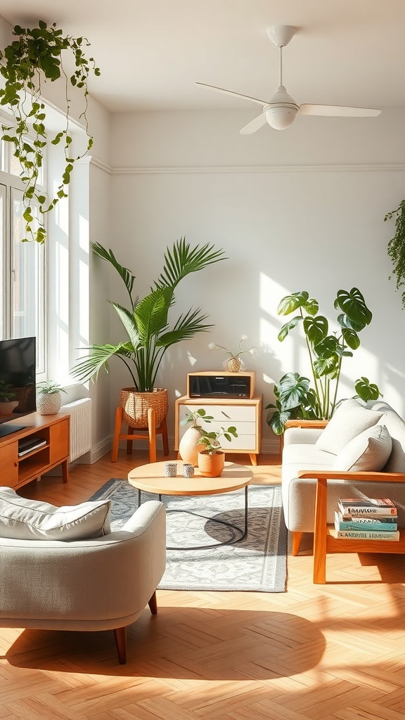 A bright and cozy living room with plants, wooden furniture, and natural light.