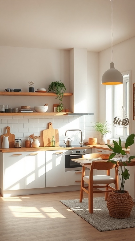 A modern kitchen with light wood accents, white cabinetry, and potted plants.