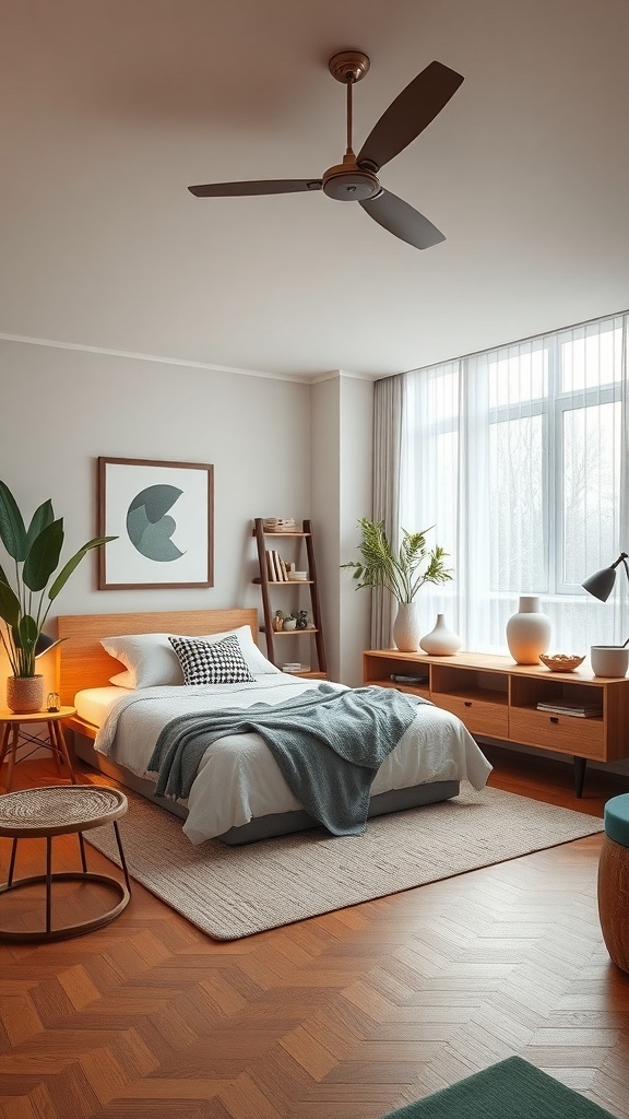 A modern bedroom with wooden furniture, soft textiles, and plants, showcasing sustainable materials and eco-friendly design.