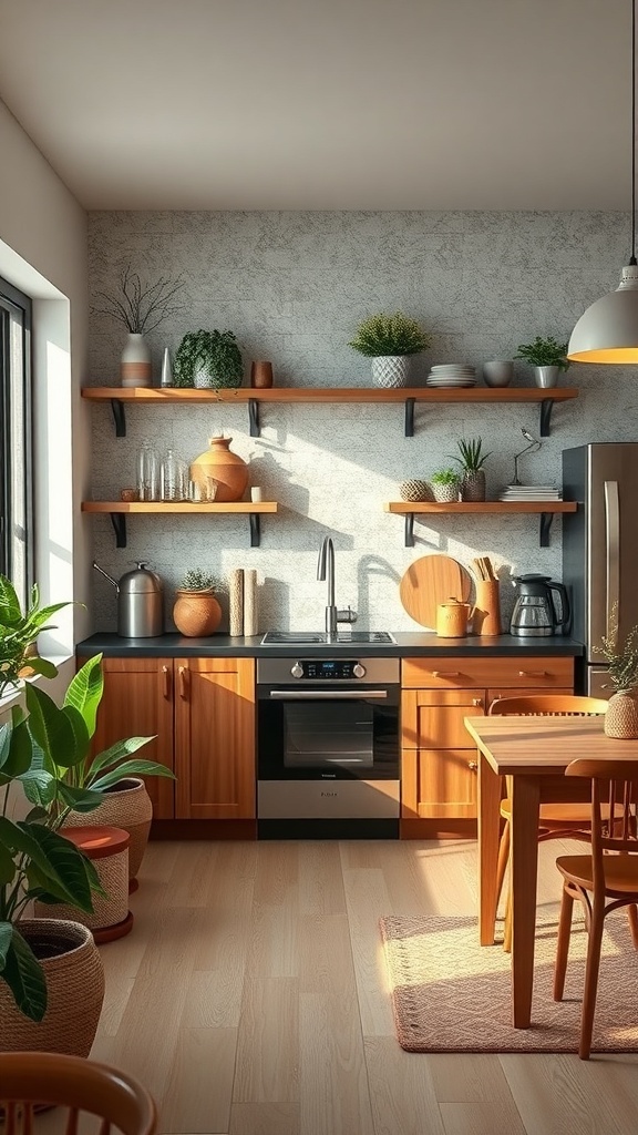 A cozy kitchen with a textured accent wall, wooden cabinets, and plants.