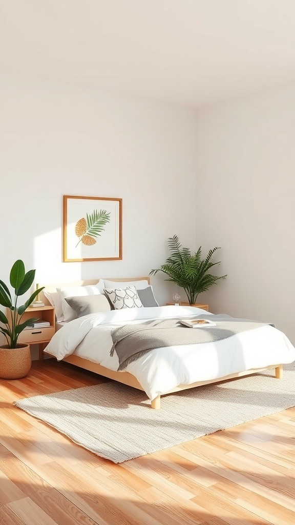 A minimalist bedroom with light wood flooring, a simple bed, and plants, showcasing sustainable design.