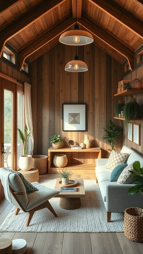 Cozy interior of a tiny cabin featuring wooden walls, a comfortable seating area, and plants.