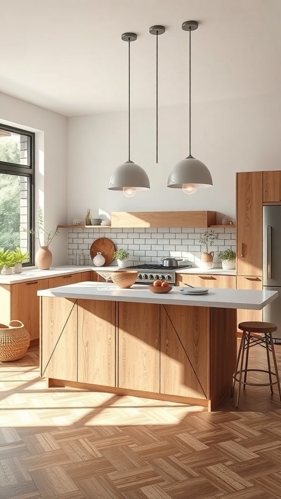 A modern kitchen featuring a wooden island with seating, natural light, and eco-friendly design elements.