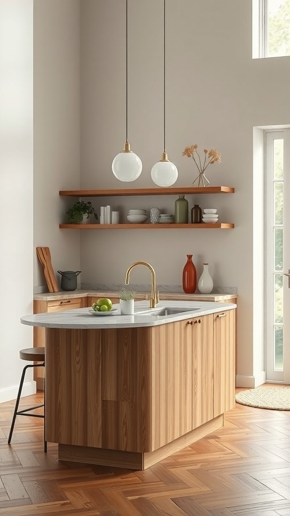 A small kitchen island made of natural wood with a stone countertop, featuring two pendant lights above.