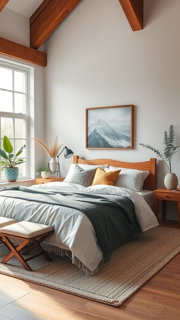 A modern bedroom featuring wooden beams, a cozy bed with soft bedding, and plants for a sustainable design.