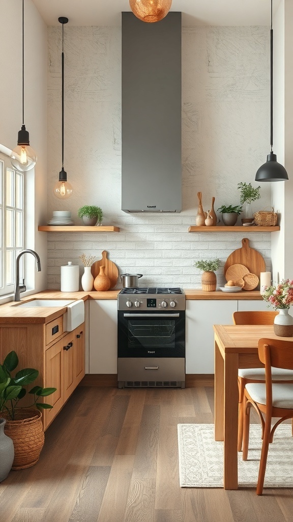 A rustic modern kitchen featuring wooden cabinets, a sleek stove, and natural decor elements.