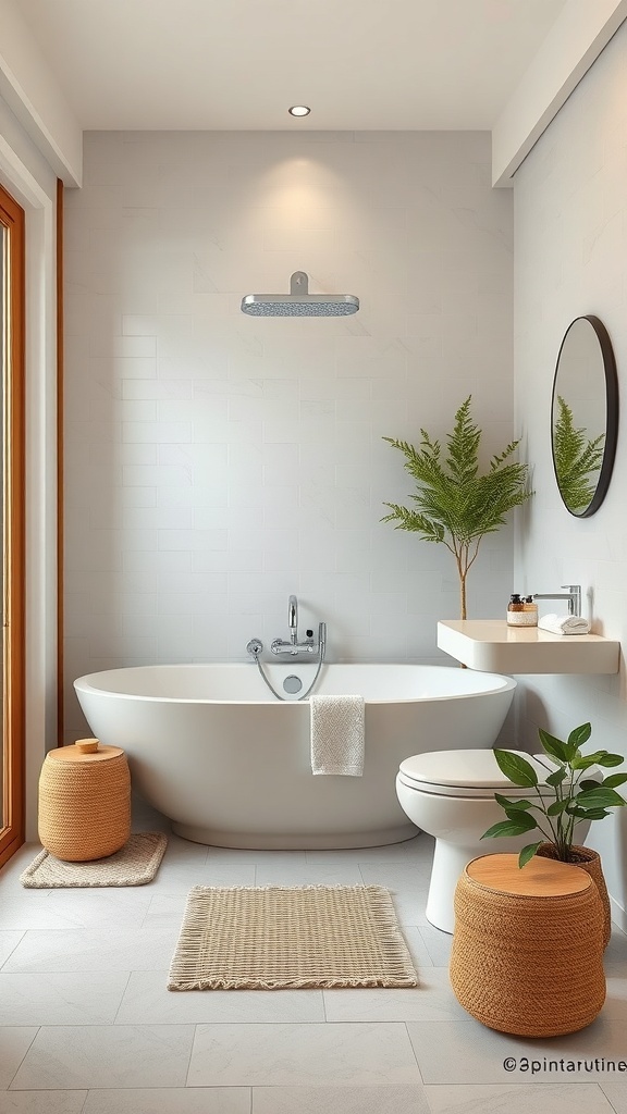 A modern Japandi bathroom featuring a freestanding bathtub, natural materials, and plants.