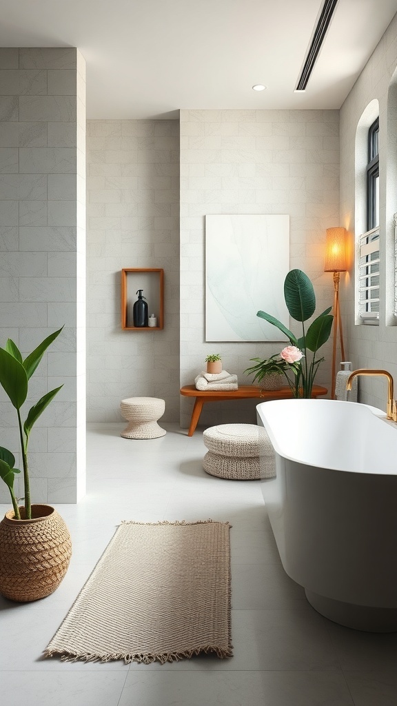 A modern spa bathroom featuring sustainable materials, plants, and natural light.