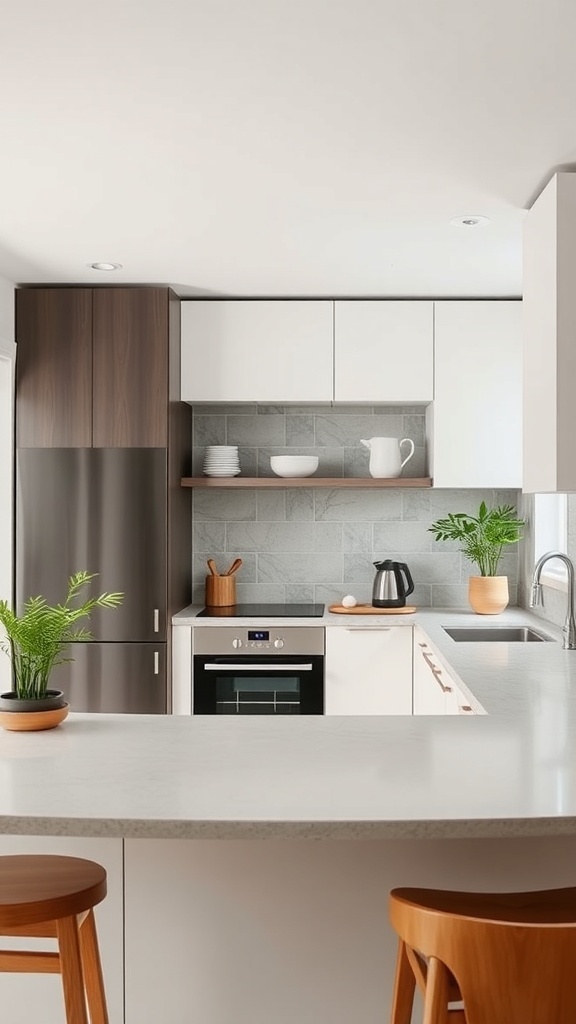 A modern kitchen featuring sustainable materials with wooden cabinetry, recycled countertops, and plants.