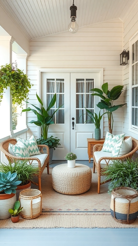 A cozy porch with wicker chairs, plants, and a jute rug, showcasing a sustainable design.