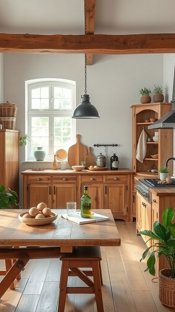 A rustic kitchen with wooden cabinets, a large wooden table, and plants, showcasing a warm and inviting atmosphere.