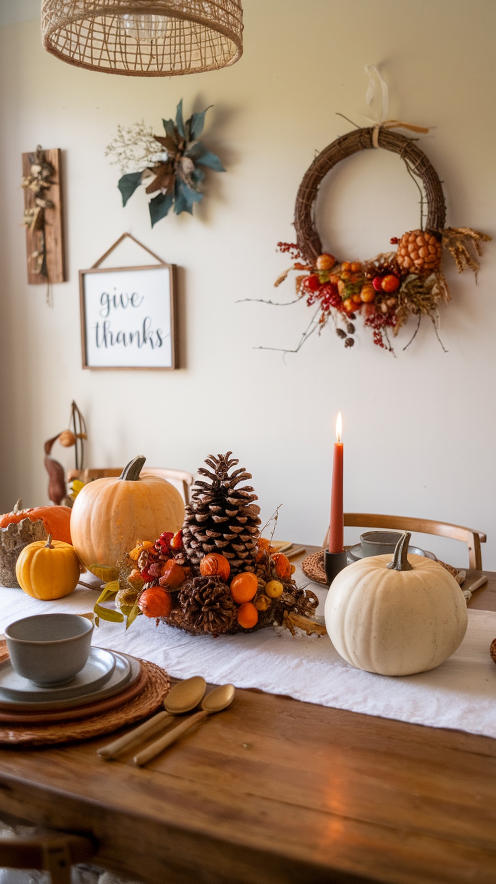 A beautifully decorated Thanksgiving table featuring pumpkins, pinecones, fruits, and a candle, with a wall art that says 'give thanks'.