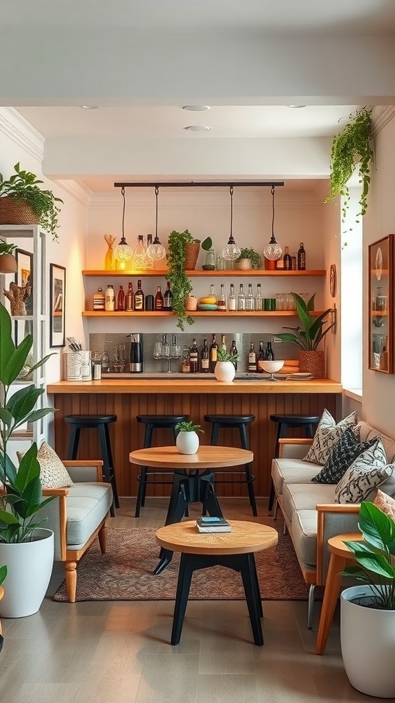 A cozy tiny bar with plants, wooden furniture, and warm lighting.