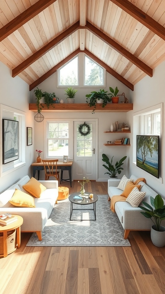Cozy tiny house interior with natural light, wooden beams, and plants