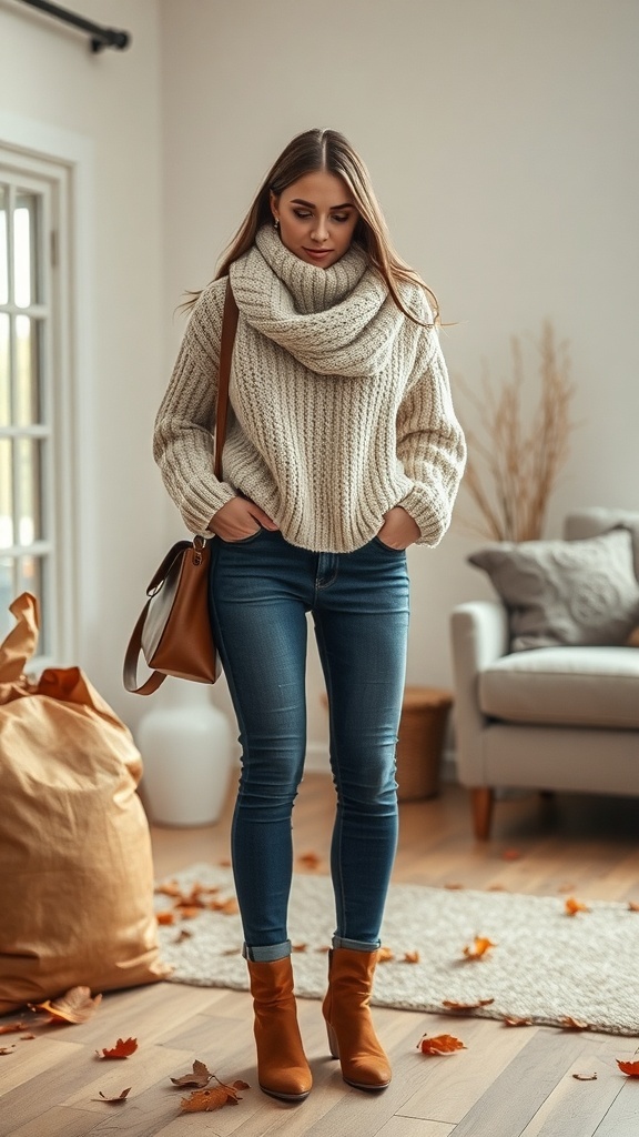 A woman wearing a chunky cream sweater with blue jeans and brown ankle boots, standing in a cozy room with autumn leaves on the floor.