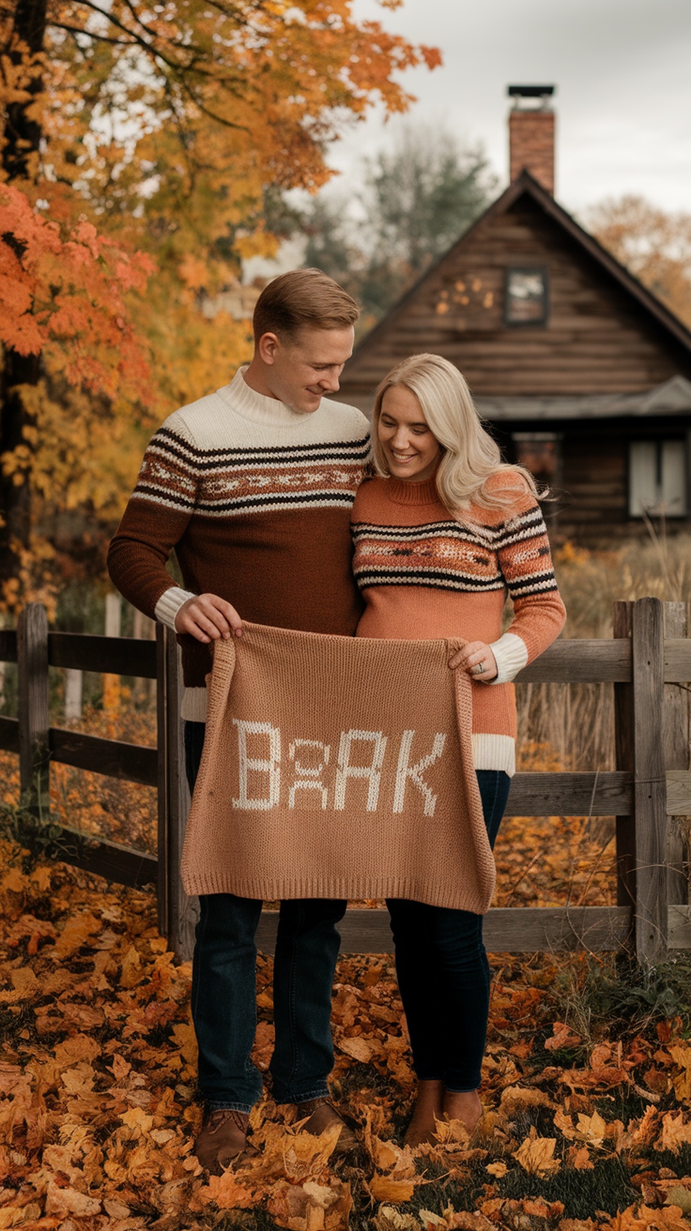A couple in cozy sweaters holding a knitted blanket with a gender reveal message, surrounded by fall foliage.