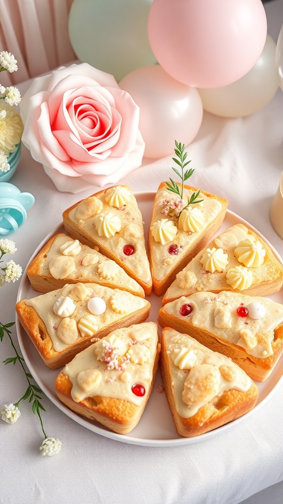 A platter of sweet and savory scones decorated with frosting and colorful toppings, surrounded by festive decorations.