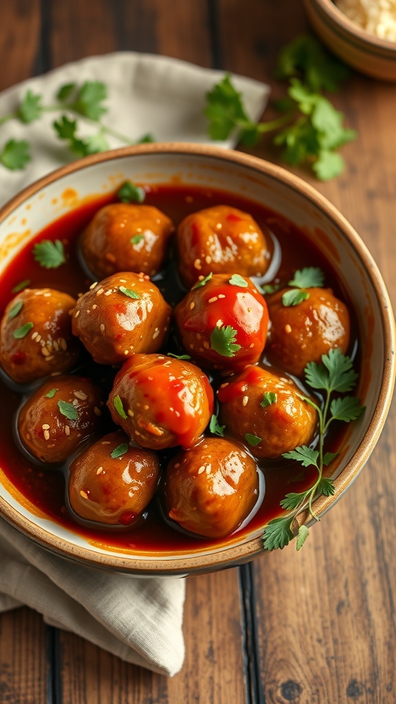 A bowl of sweet and spicy meatballs garnished with herbs.