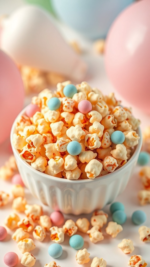 A bowl of sweet and spicy popcorn surrounded by colorful candies and pastel balloons.