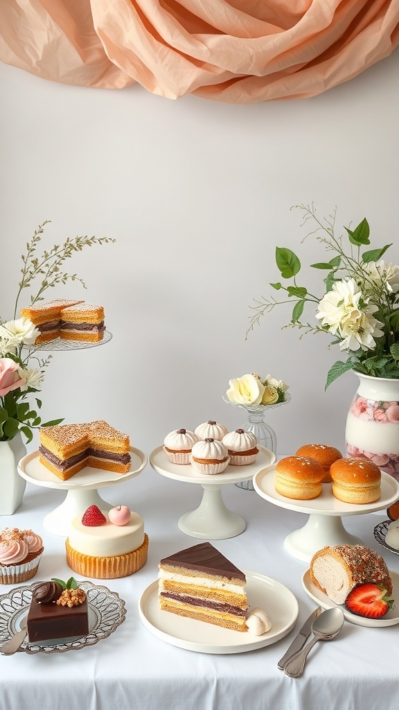 A beautifully arranged sweet dessert bar with various cakes, cupcakes, and flowers.