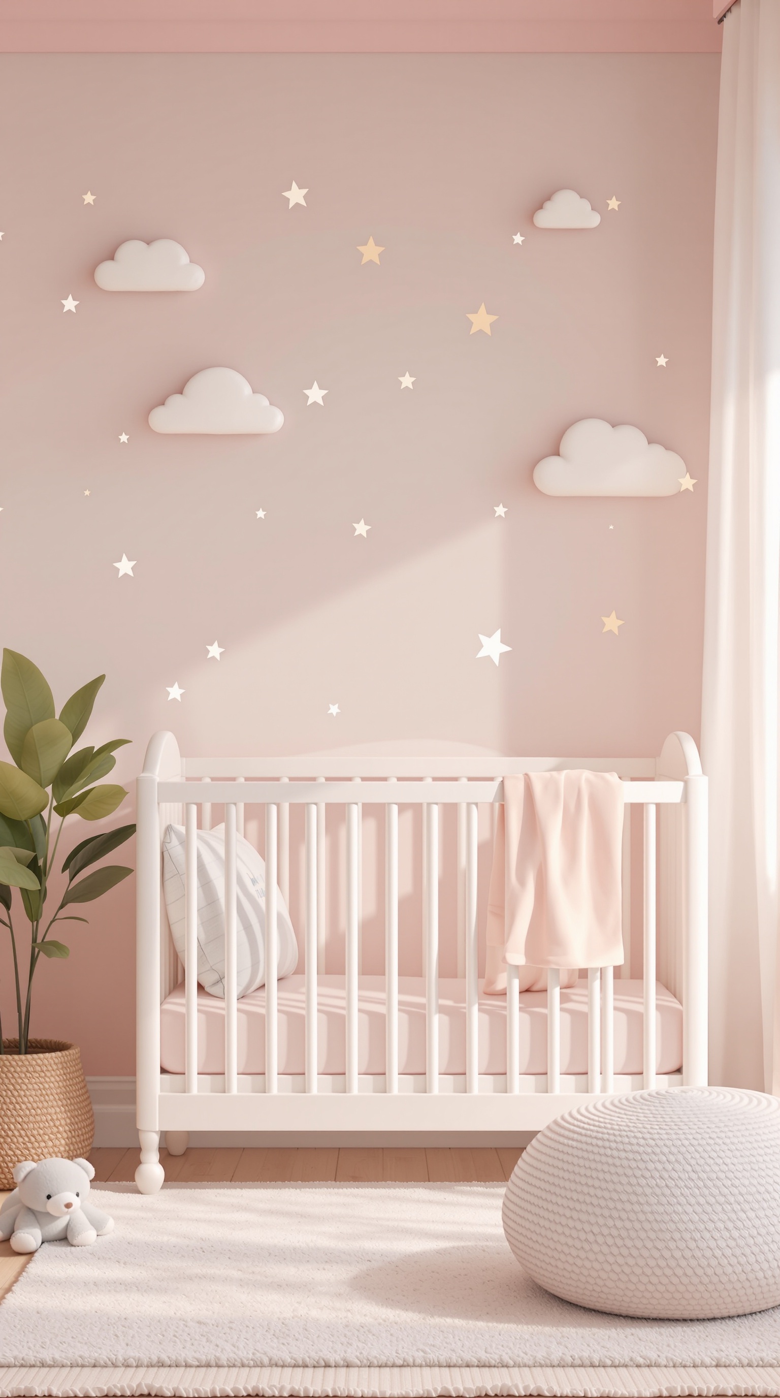 A pastel-themed baby room with a white crib, soft pink walls, cloud and star decorations, and a cozy atmosphere.