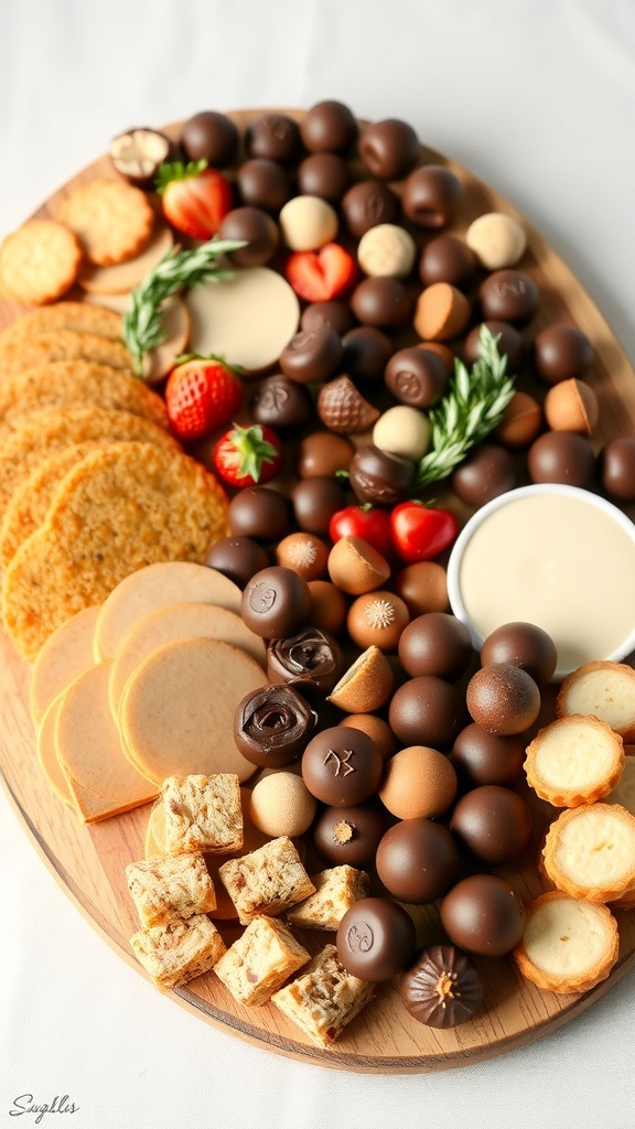 A beautifully arranged bridal shower charcuterie board filled with chocolates, cookies, and fruits