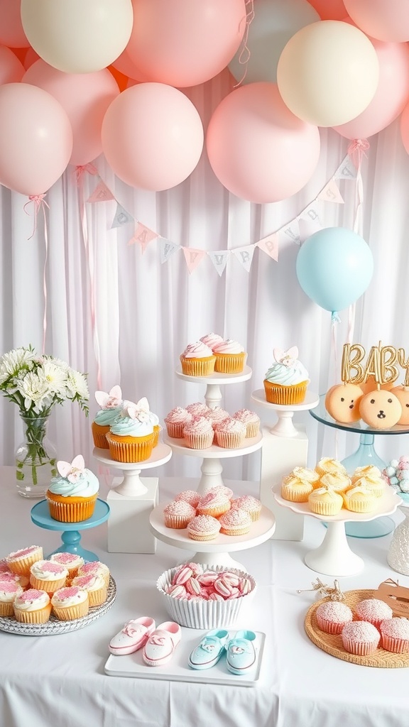 A beautifully arranged baby shower sweet treats buffet with cupcakes, cookies, and pastel balloons.