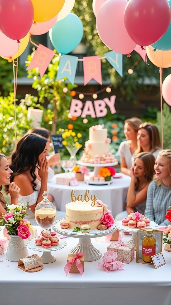 A beautifully arranged dessert bar for a garden party baby shower, featuring a cake, cupcakes, and colorful decorations.