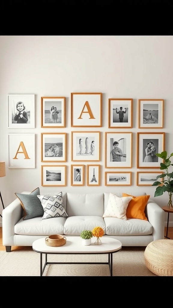 A gallery wall with a symmetrical arrangement of frames featuring black-and-white photos and bold letters, above a cozy sofa.