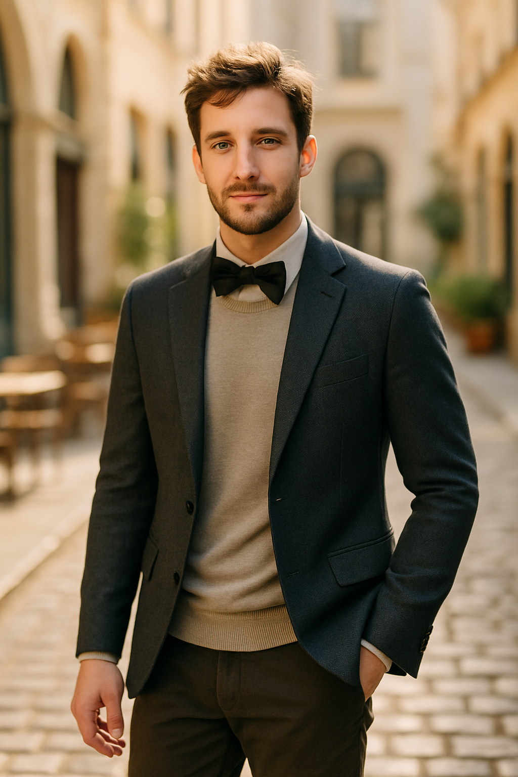 A man wearing a tailored dark blazer with a bow tie and a light sweater, standing in a stylish outdoor setting.