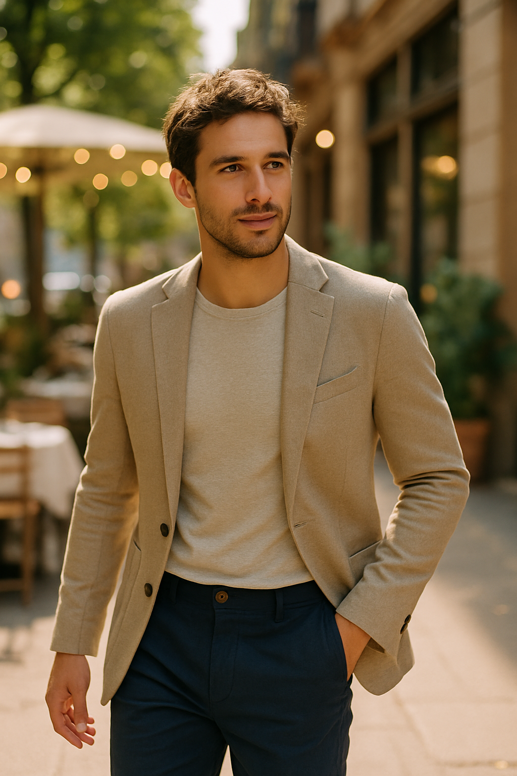 A man in a beige tailored blazer walking on a street with a casual yet stylish ambiance.