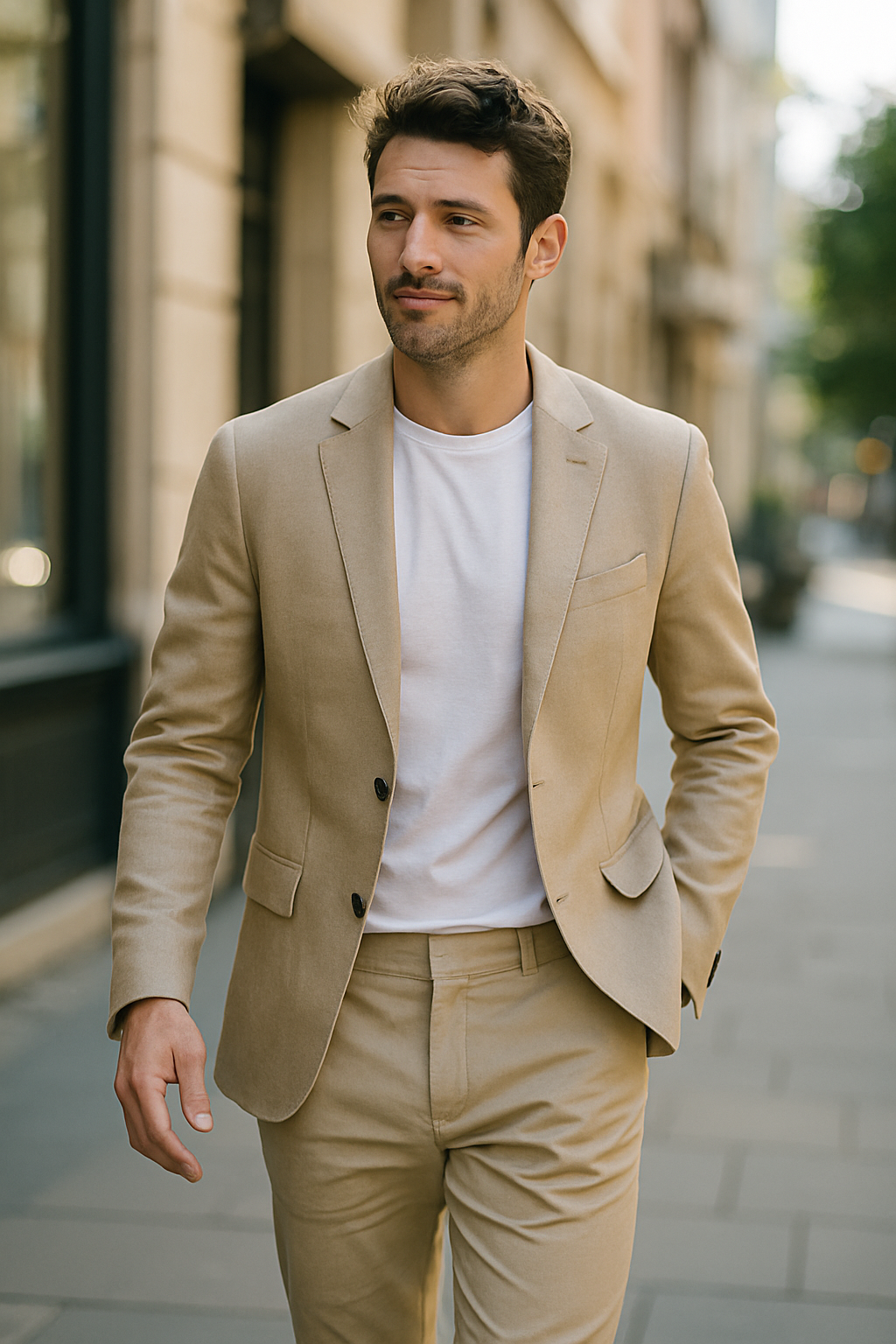 A man wearing a light beige blazer over a white t-shirt and matching chinos, walking on a city street.